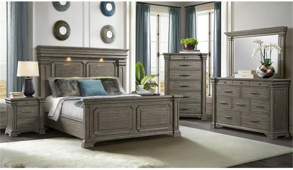 Pemberly Row Transitional Wood King 3PC Bedroom Set, Gray Finish, Elegant Design with Mood-Lighting Headboard, USB Ports, Hidden Storage Nightstand, Felt-Lined Drawers, Sophisticated Bedroom Furniture