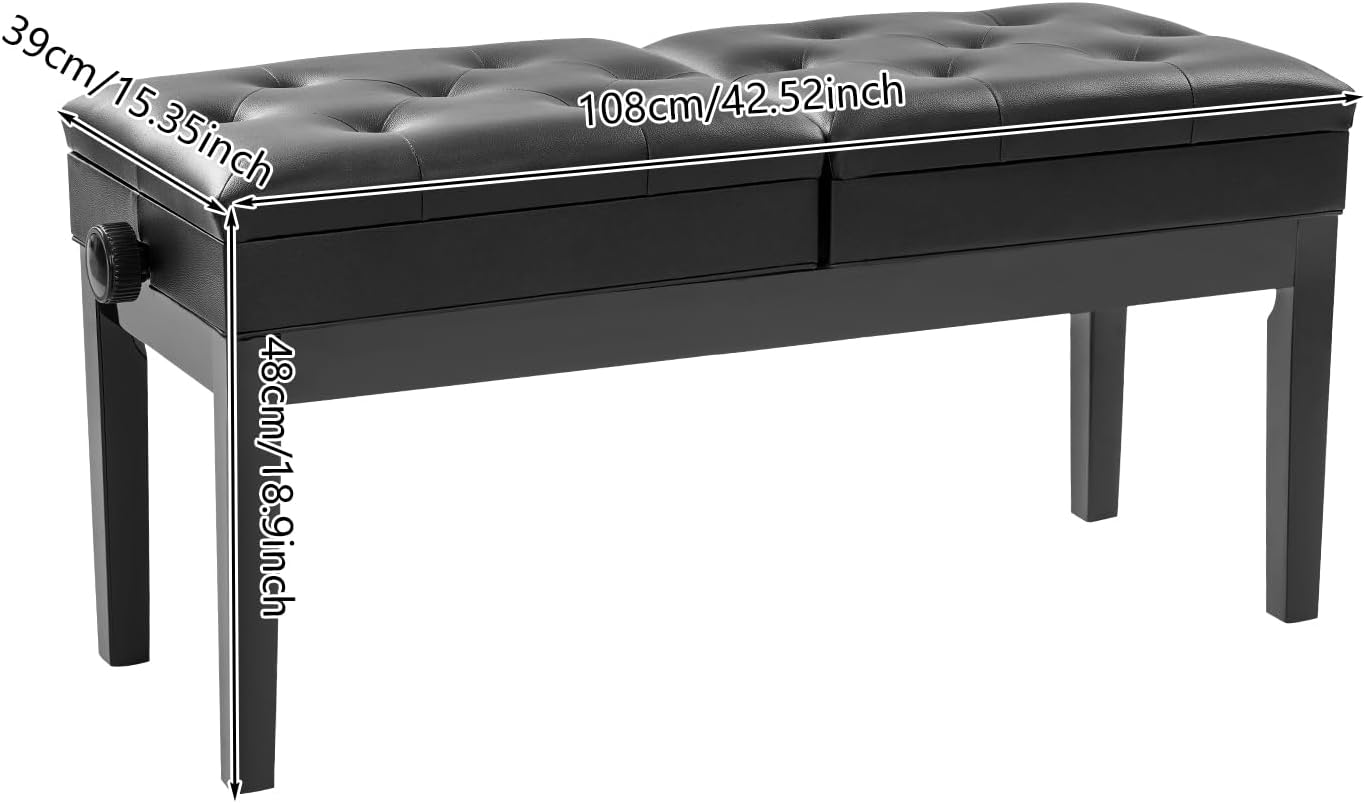 Adjustable Duet Piano Bench with Storage, Wood Keyboard Stool with PU Leather Padded Cushion, Double Seater Piano Chair with High-Density Sponge for Piano, Vanity, Living Room (Black)