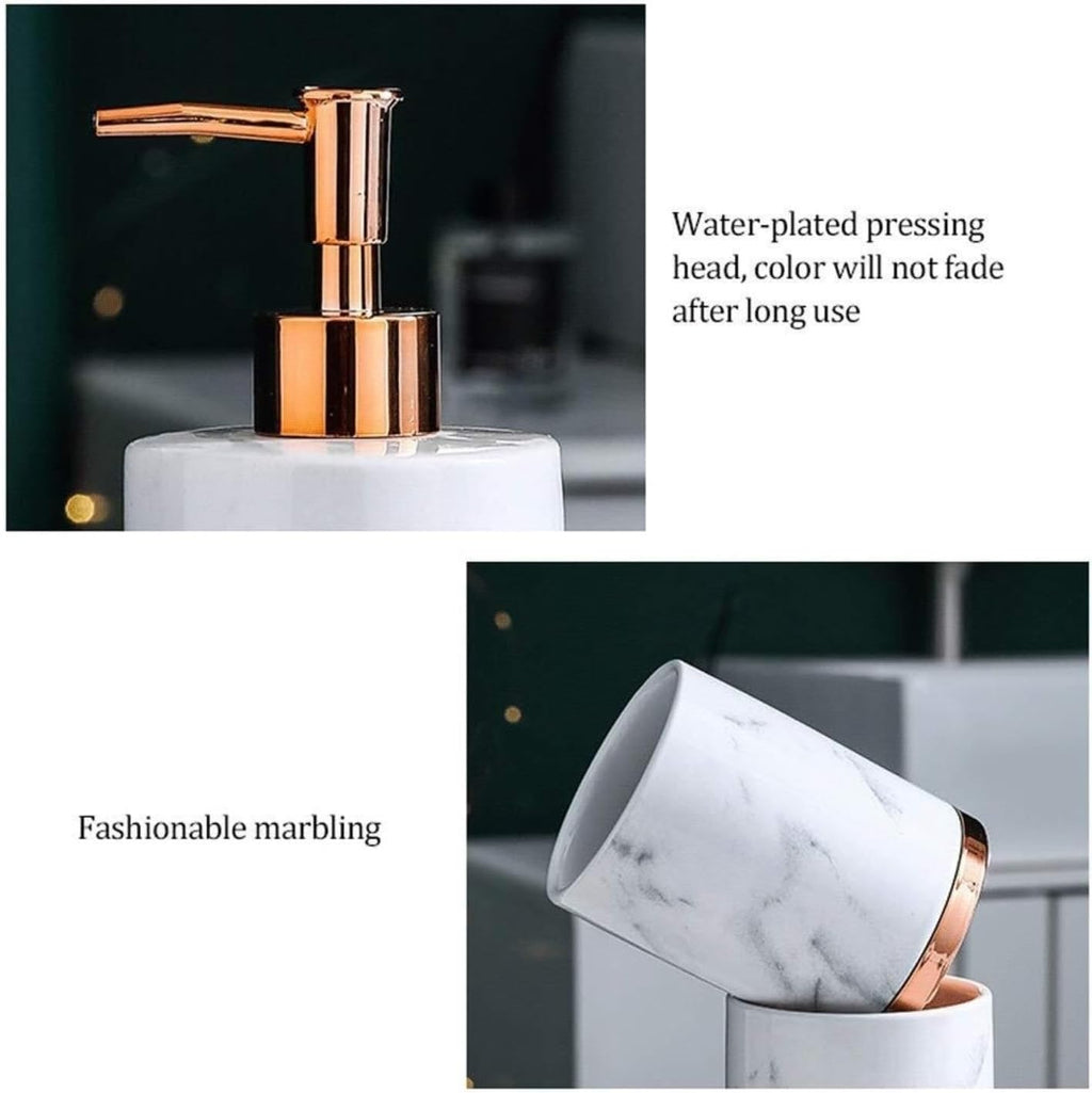 Vanity Bathroom Decor, 5 Piece Bathroom Accessory Set with Metal Base Marble Pattern Bathroom Sets Accessories Soap Dispenser Housewarming Gift