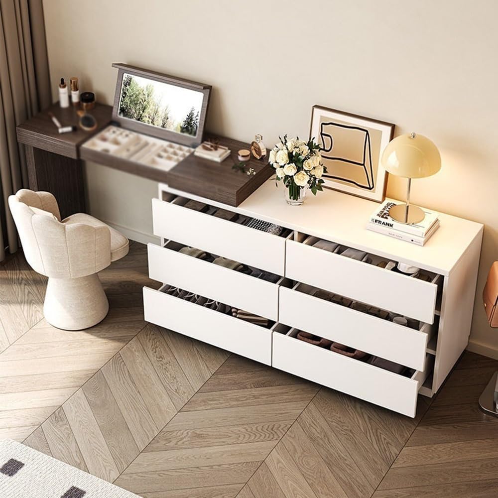 Dressing Table Solid Wood Vanity Table Chest of Drawers Flip-Top Mirror Corner Makeup Desk with Hidden