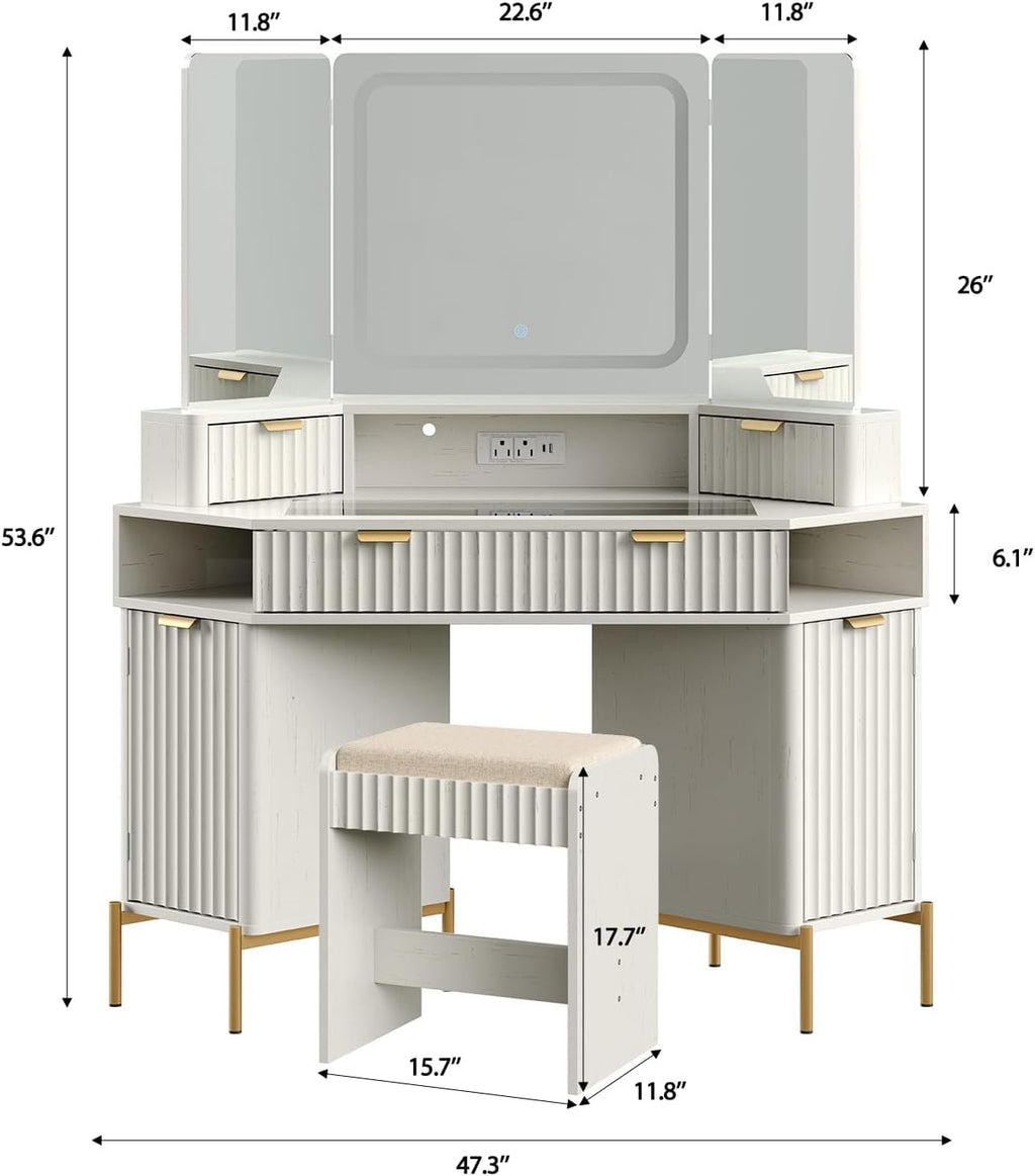 Modern 48'' Fluted Makeup Vanity Desk with HD Triple Mirror & LED Lights – Spacious Corner Dressing Table with Glass Top, 3 Drawers & 2 Cabinets for Stylish Bedroom Decor (White)