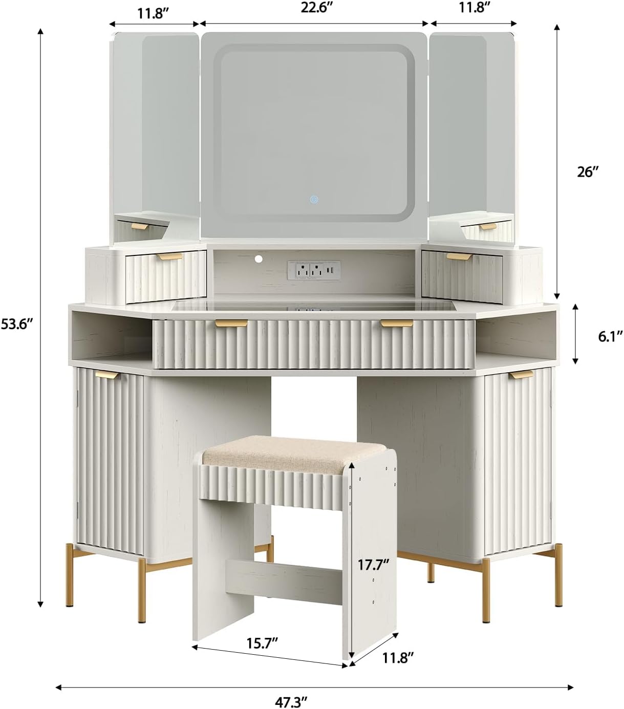 Modern 48'' Fluted Makeup Vanity Desk with HD Triple Mirror & LED Lights – Spacious Corner Dressing Table with Glass Top, 3 Drawers & 2 Cabinets for Stylish Bedroom Decor (White)