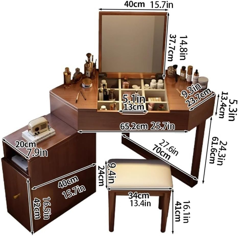 Solid Wood Corner Vanity Desk, 3-Piece Makeup Vanity Table with Flip Top Mirror, Storage Drawers and Stool, Small Space Corner Table for Bedroom and Dressing Room(Natural)