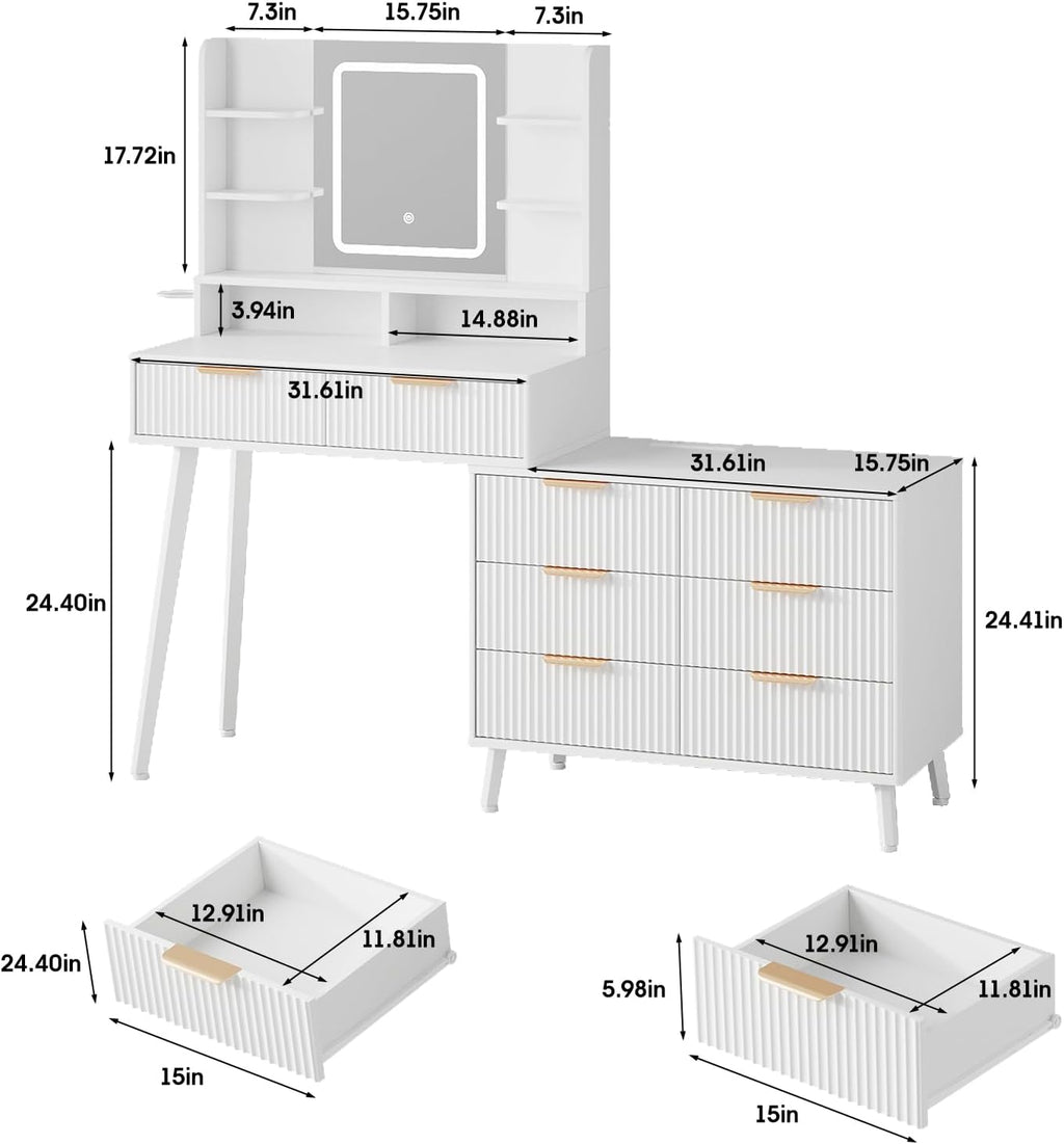 Maupvit Vanity Desk with Mirror and Lights, Makeup Vanity with 8 Drawers & Shelves, Corner Vanity, L Shape Change & Storage, Dressing Table for Bedroom (White)