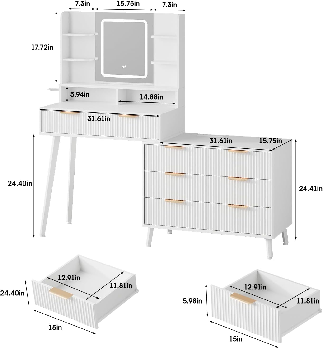 Maupvit Vanity Desk with Mirror and Lights, Makeup Vanity with 8 Drawers & Shelves, Corner Vanity, L Shape Change & Storage, Dressing Table for Bedroom (White)