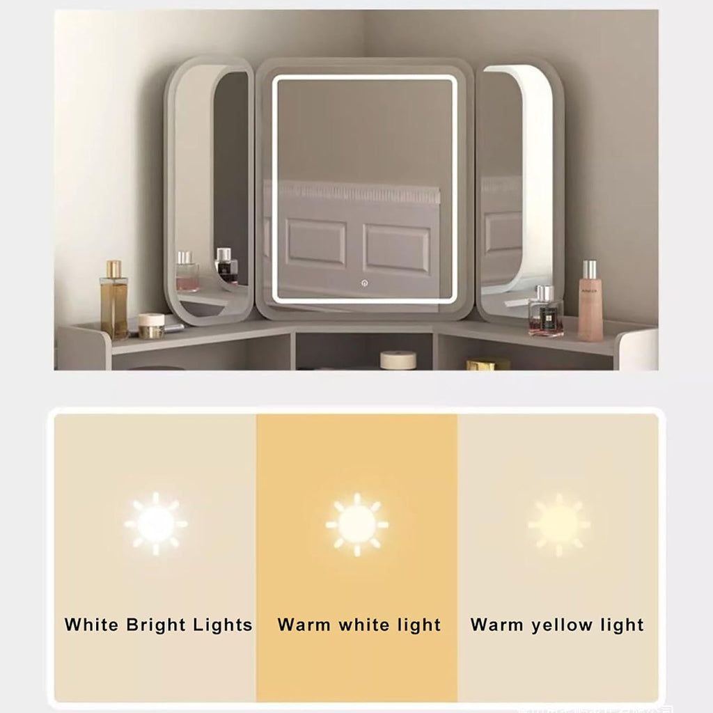 Corner Makeup Vanity Table with Tri-fold Illuminated Mirror, Vanity Desk with Large-Capacity Secondary Cabinet, Bedroom Dressing Table with Stool for Small Spaces (Color : White, Size : 90CM)