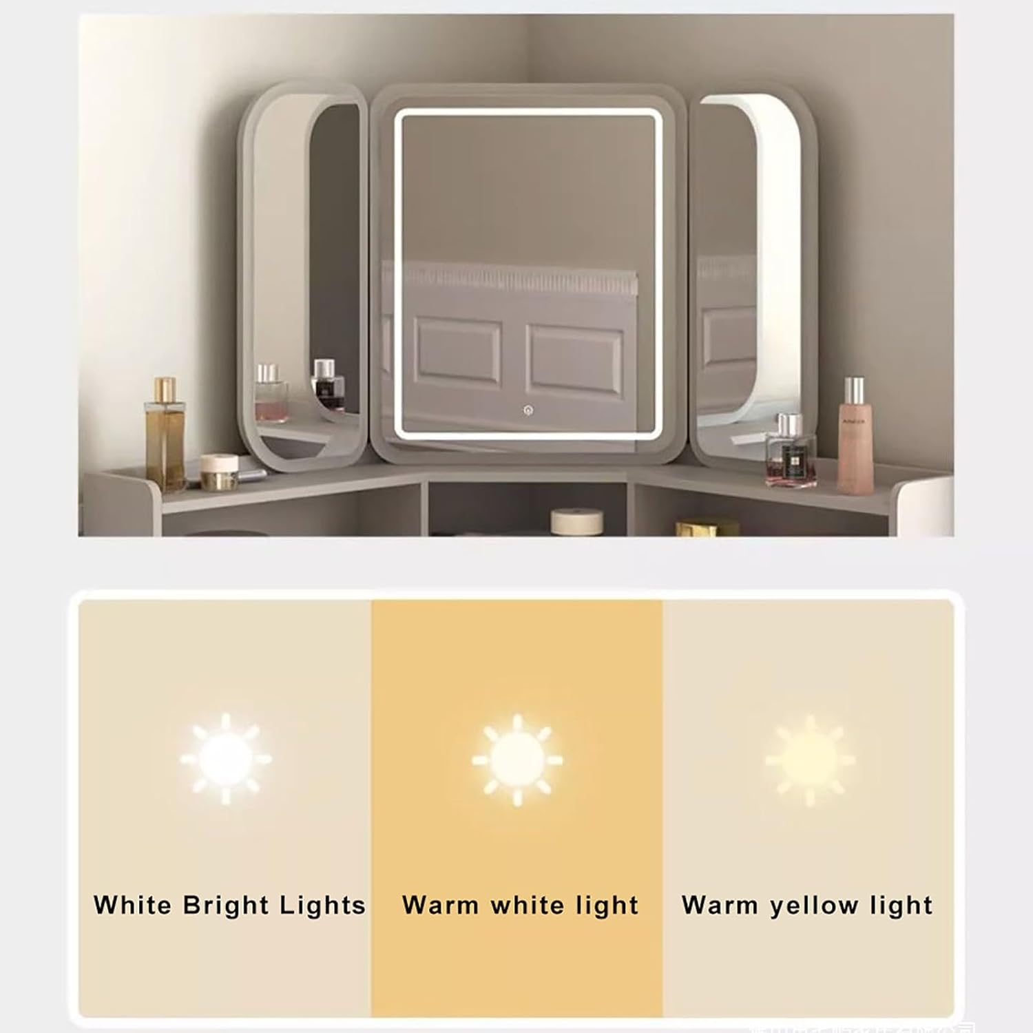 UPGENT Corner Makeup Vanity Table with Tri-fold Illuminated Mirror, Vanity Desk with Large-Capacity Secondary Cabinet, Bedroom Dressing Table with Stool for Small Spaces (Color : Gray, Size : 90CM)