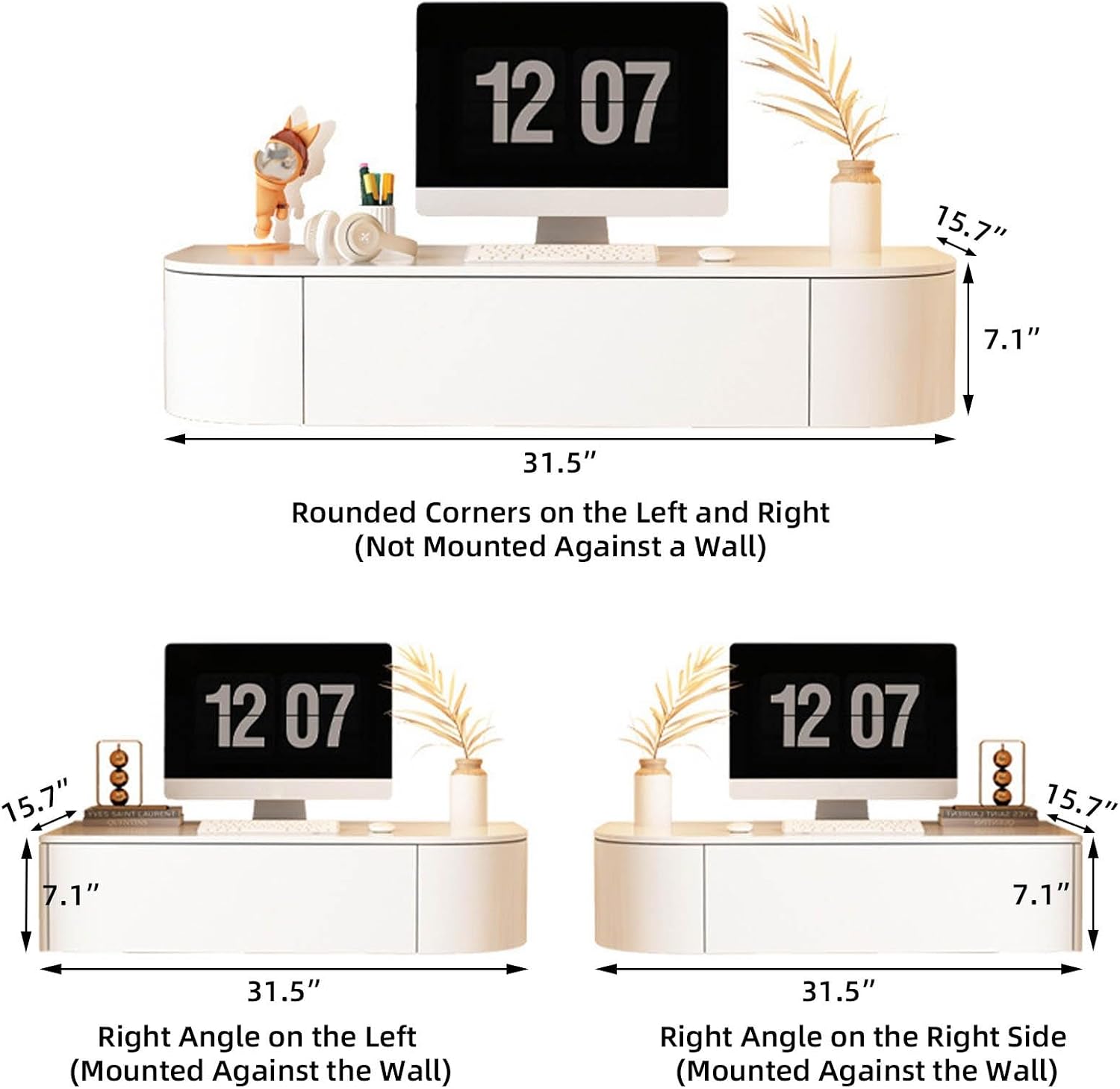 Floating Vanity Makeup Table White Wall Mounted Dressing Table Dresser With Mirror Floating Corner Desk For Bedroom Hanging Desk With Drawers Small Space Vanity With Lighted Mirror Shelf Wall-mounted(