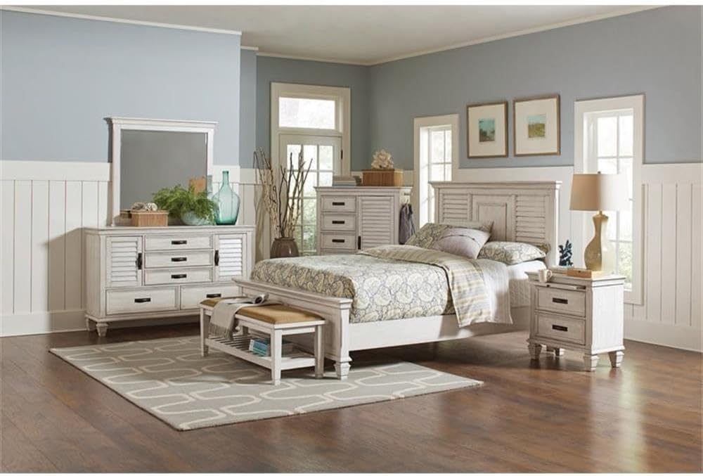 Pemberly Row 4-Piece Eastern King Panel Wood Bedroom Set, Antique White Finish, Includes Bed, Nightstand, Dresser, Beveled Mirror, Soft-Closing Drawer Glides, Pull-Out Tray, Coastal Resort Style