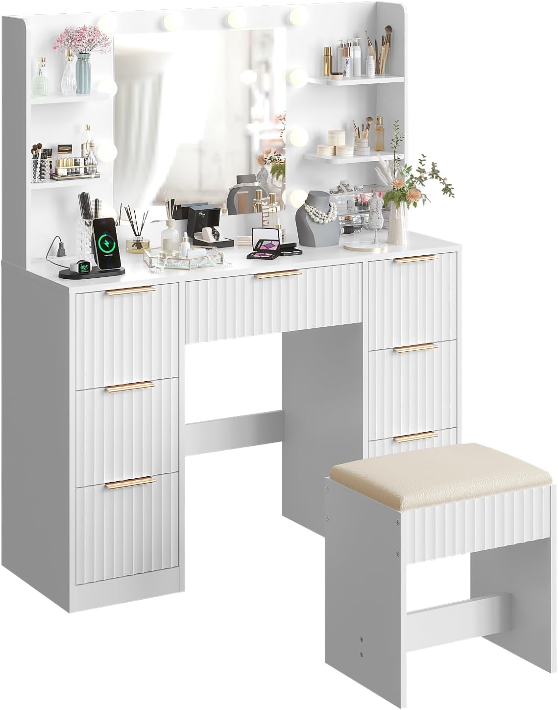 Karl home Fluted Vanity Desk with Mirror and Lights in 3 Modes and Charging Station, Makeup Vanity Table Set with 7 Drawers & Storage Shelves, Dressing Table with Chair for Bedroom, White