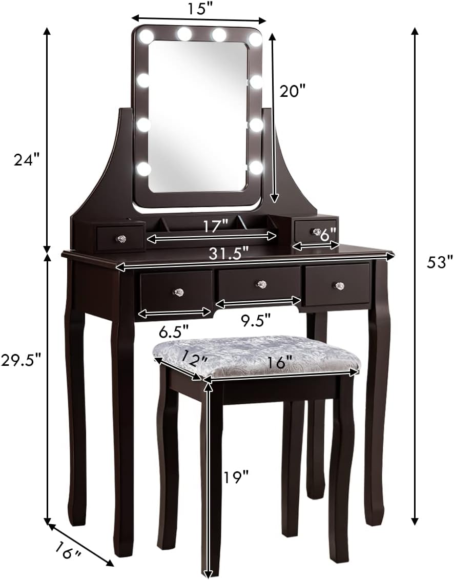 COSTWAY Vanity Desk Set with Lighted Mirror, 360° Swivel Vanity Mirror Desk w/ 10 LED Bulbs, Makeup Dressing Table with 5 Drawers, Vanity Table with Cushioned Stool for Bedroom, Women, Girls (Coffee)