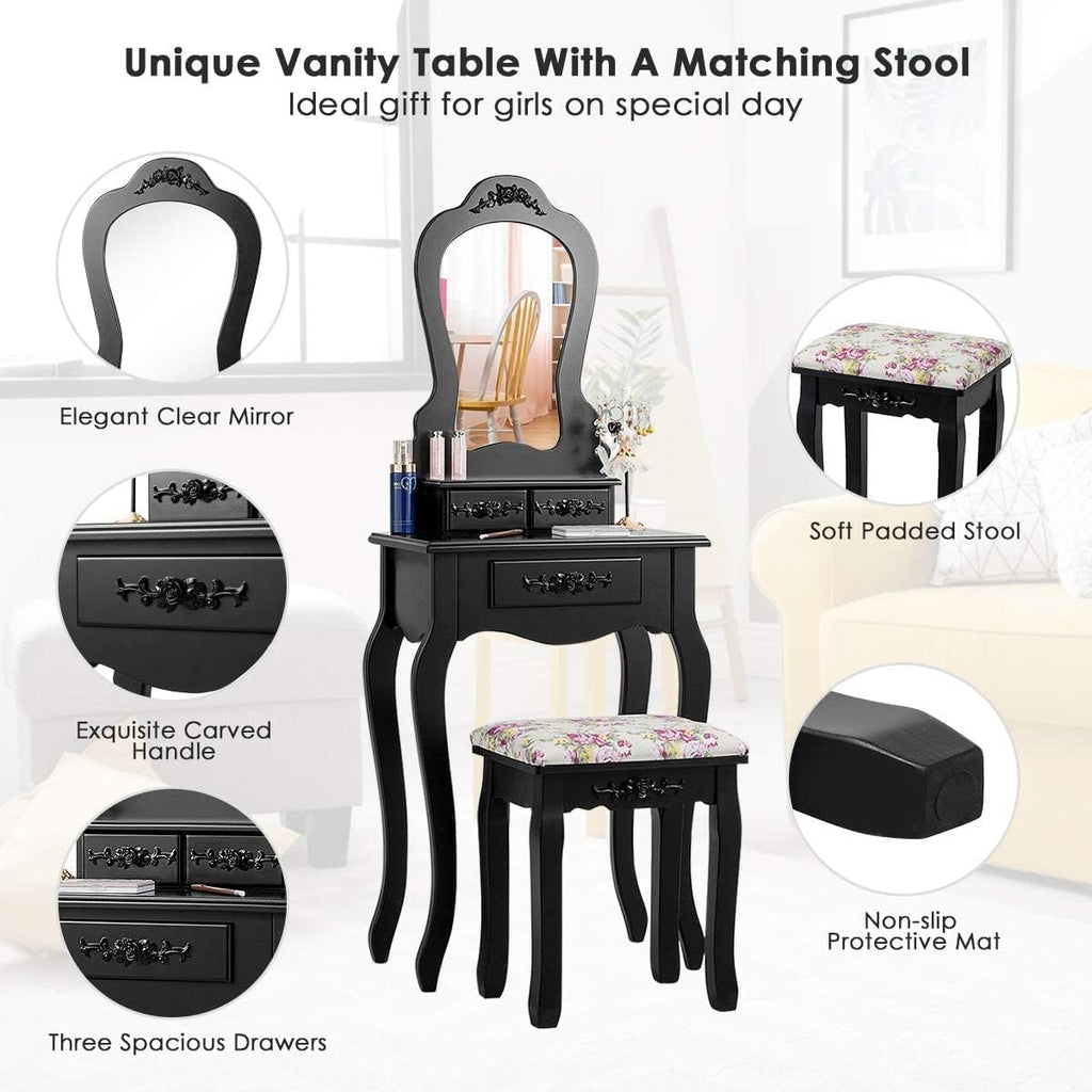 LDAILY Vanity Table Set with Cushioned Stool, Makeup Table with Clear Mirror & 3 Storage Drawers, Multipurpose Writing Desk, Bedroom Bathroom Small Space Dressing Table and Bench for Girl (Black)