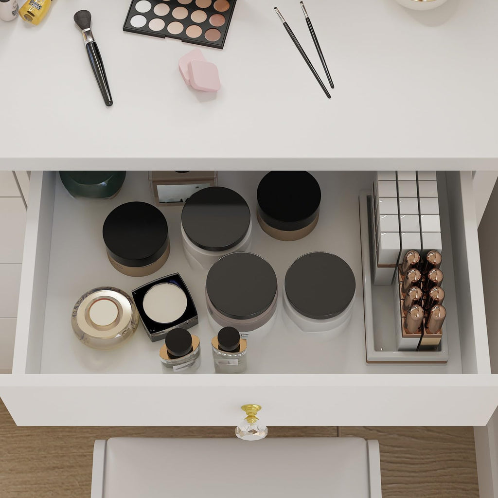 FUFU&GAGA White Vanity Set with Round Mirror, Makeup Vanity Bedroom Dressing Table with 5 Drawers, Shelves, Dresser Desk and Cushioned Stool