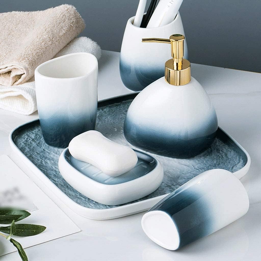 Vanity Bathroom Decor, Bathroom Accessory Set Gradient Blue 5 Piece Ceramic Soap Dispenser Retro Toothbrush Holder Lotion Bottle Housewarming Gift(B)