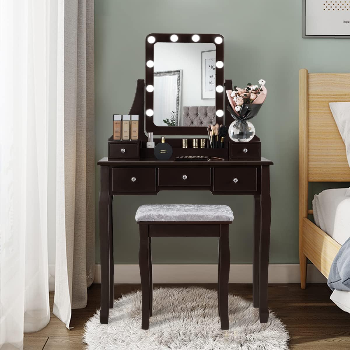 COSTWAY Vanity Desk Set with Lighted Mirror, 360° Swivel Vanity Mirror Desk w/ 10 LED Bulbs, Makeup Dressing Table with 5 Drawers, Vanity Table with Cushioned Stool for Bedroom, Women, Girls (Coffee)