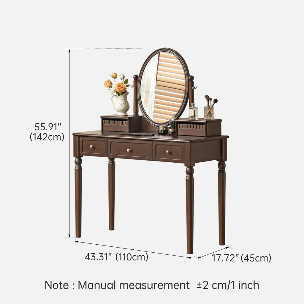 Solid Wood Vanity Desk with Mirror, Walnut Vintage Dressing Table for Bedroom, Antique Catalpa Makeup Table, 43' W x 18' D x 56' H