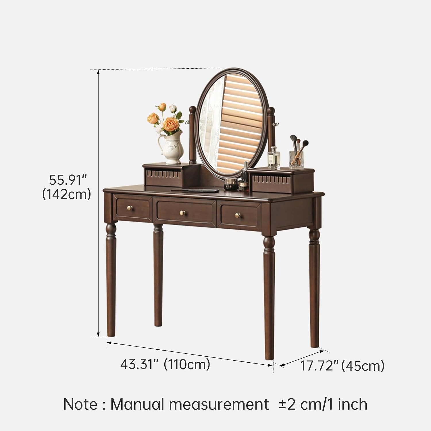 Solid Wood Vanity Desk with Mirror, Walnut Vintage Dressing Table for Bedroom, Antique Catalpa Makeup Table, 43' W x 18' D x 56' H