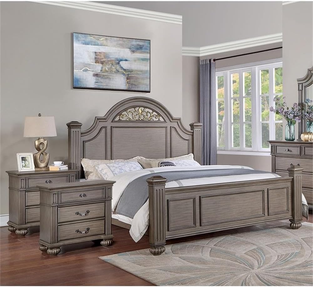Furniture of America FOA Damos 3-Piece Gray Solid Wood Panel Bedroom Set - Cal King + 2 Nightstands