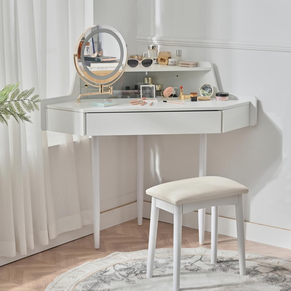 Modern Corner Makeup Vanity Desk with Large Storage, LED Mirror & Stool, Brightness Adjustable, Space-Saving for Small Places, White