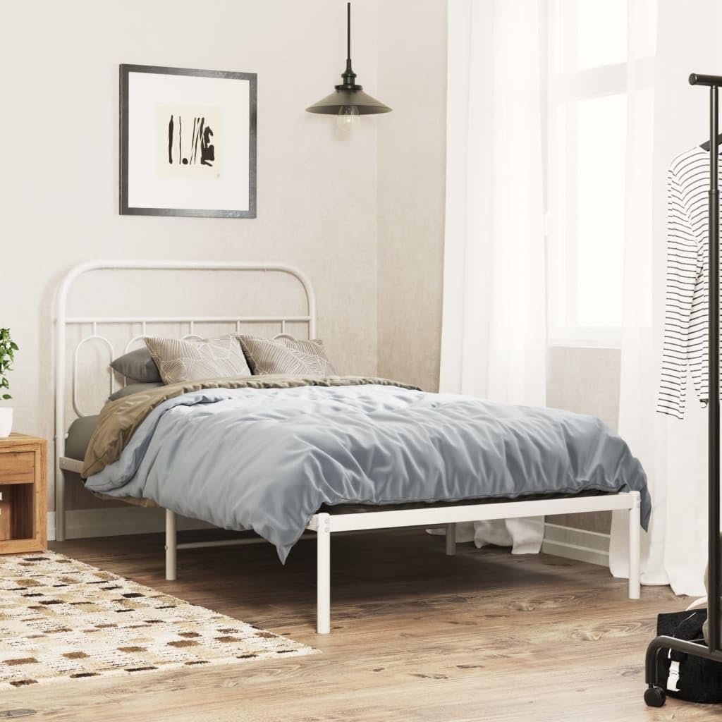Metal Bed Frame with Headboard White Queen Size Steel Platform Base 39.4'x78.7' Sturdy Bedframe for Bedroom with Underbed Storage Space