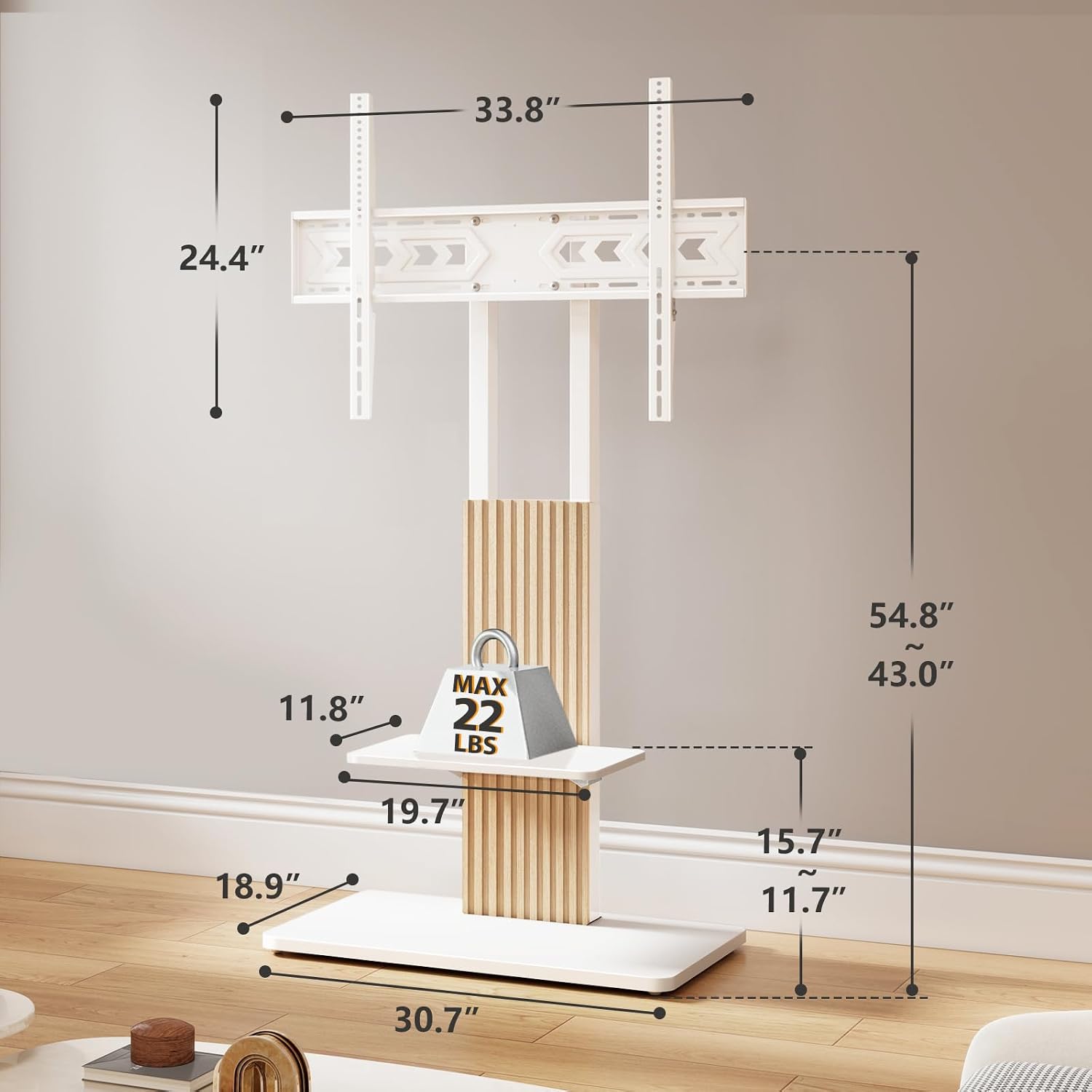 TVON Heavy Duty Floor TV Stand for 55-90 inch Large TVs up to 150 lbs, Tall TV Stand with Height Adjustable Mount, Universal TV Mount Stand with Large Storage Shelf and Wooden Base, White and Oak