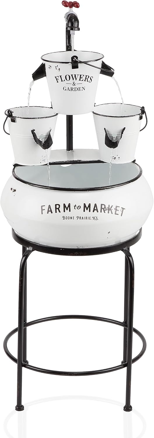 Alpine Corporation YHL424 36' Outdoor Floor Buckets with Faucet Water Fountain – Vintage Buckets Garden Water Feature, Charming Outdoor Fountain for Patio & Yard, White