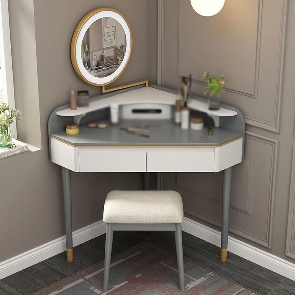 Makeup Table Vanity Dressing Table, Corner Bedroom Dressing Table, Light Luxury Lighted Mirror, Triangular Dressing Table Vanity Desk