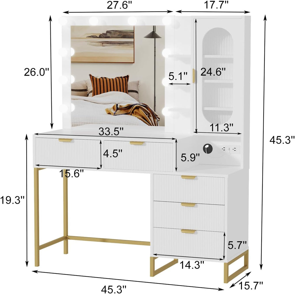 Modern Vanity Makeup Desk with Vanity Mirror, Built-in Lights, 5 Drawers, Power Outlet, Makeup Desk for Bedroom, White & Gold, Wavy Stripes