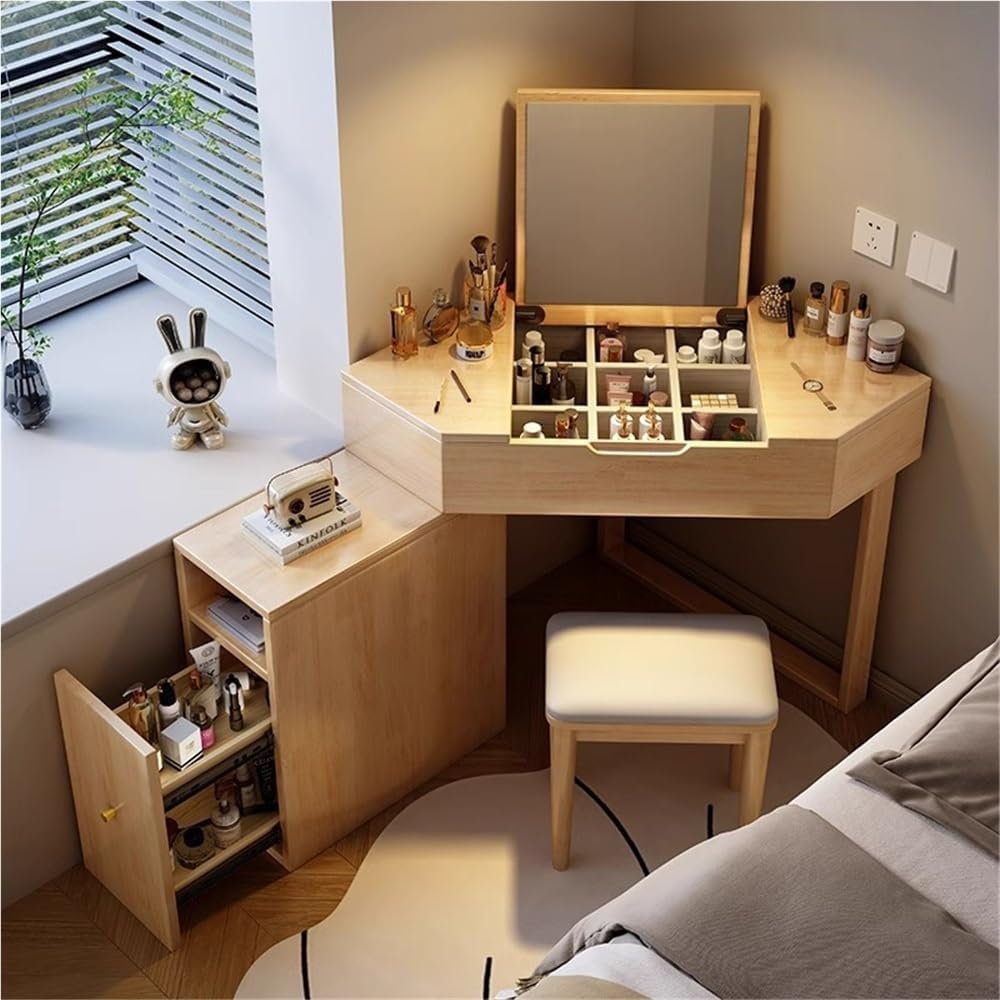 Solid Wood Corner Vanity Desk, 3-Piece Makeup Vanity Table with Flip Top Mirror, Storage Drawers and Stool, Small Space Corner Table for Bedroom and Dressing Room(Natural)