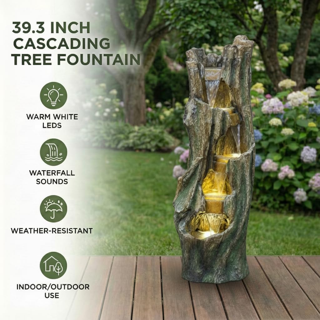 Waterfall Fountain for Outdoor Gardens and Patio Backyards – Includes Energy-Efficient LED Lights and Easy Setup for Instant Relaxation