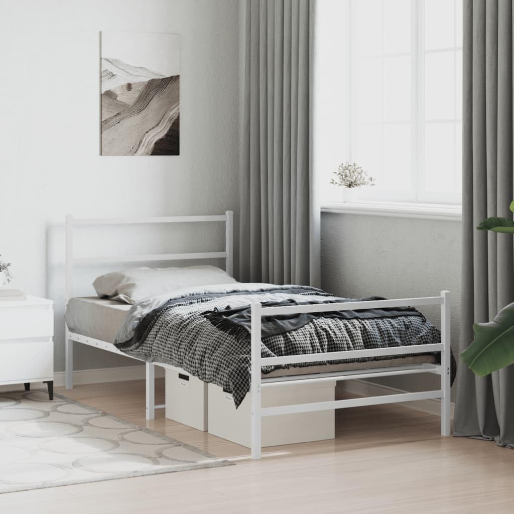 Twin Bed Frame White Steel Rectangular Modern Design with Headboard and Footboard Sturdy Metal Structure for Bedroom