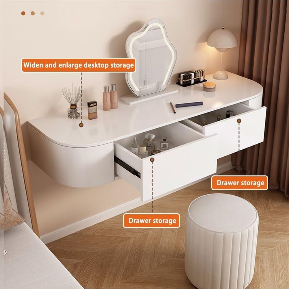 Wall Mounted Floating Vanity Table with Drawer, Minimalist Makeup Desk for Bedroom and Small Spaces, Modern Wall Hung Dressing Table Without Mirror, White Corner Floating Desk Dresser(80cm/31.5in)