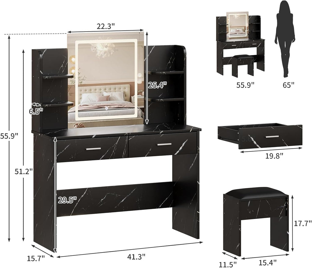 Garvee Vanity Desk with Lights | Tri-Mode LED Lighted Mirror & Charging Station | Makeup Vanity Set with 6 Shelves, 2 Drawers, Soft Cushion Stool | Dimmable Vanity Desk for Bedroom (Marble Black)