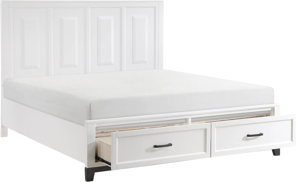 Transitional Bedroom King Size 4-Pieces Set Platform Bed Footboard Drawers White Finish Furniture