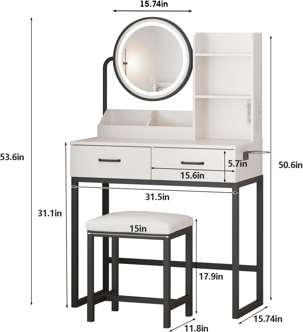 Vabches Makeup Vanity with Round Mirror and Lights, White Vanity Makeup Table with Charging Station, Small Vanity Table for Bedroom, 3 Lighting Modes, 31.5in(L)
