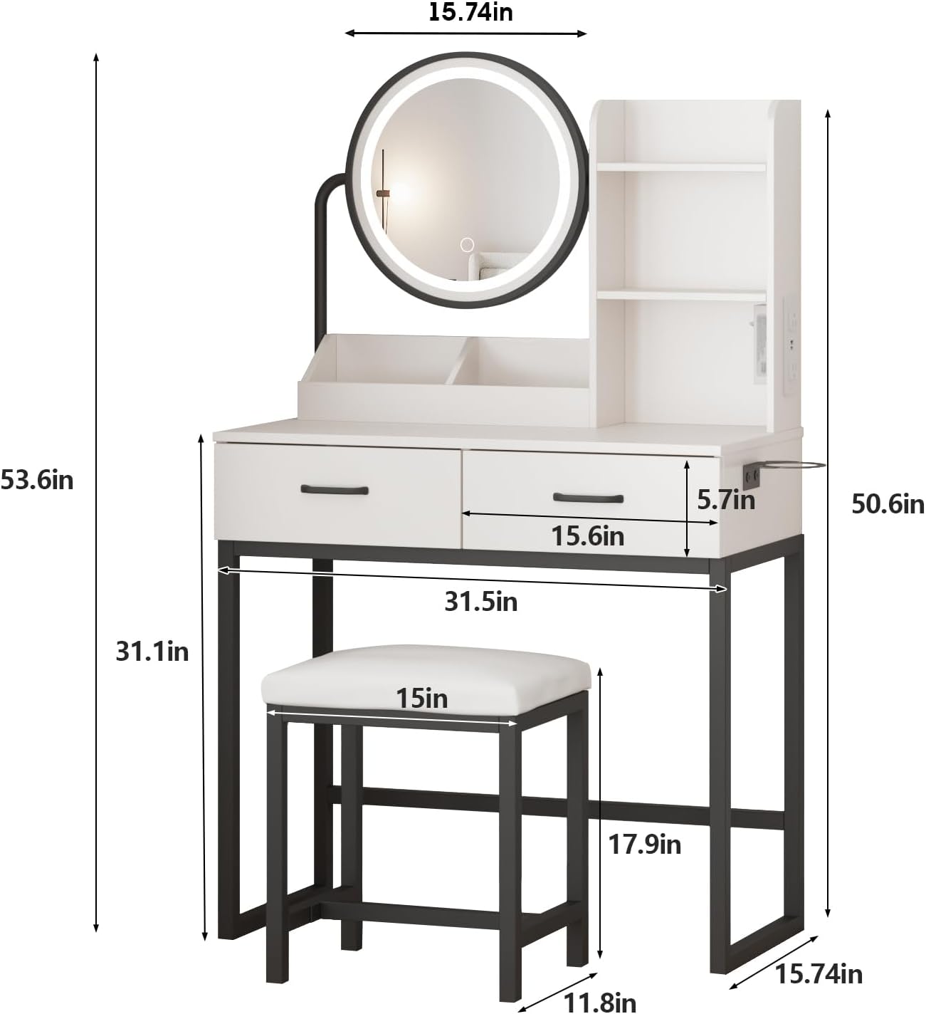 Vabches Makeup Vanity with Round Mirror and Lights, White Vanity Makeup Table with Charging Station, Small Vanity Table for Bedroom, 3 Lighting Modes, 31.5in(L)