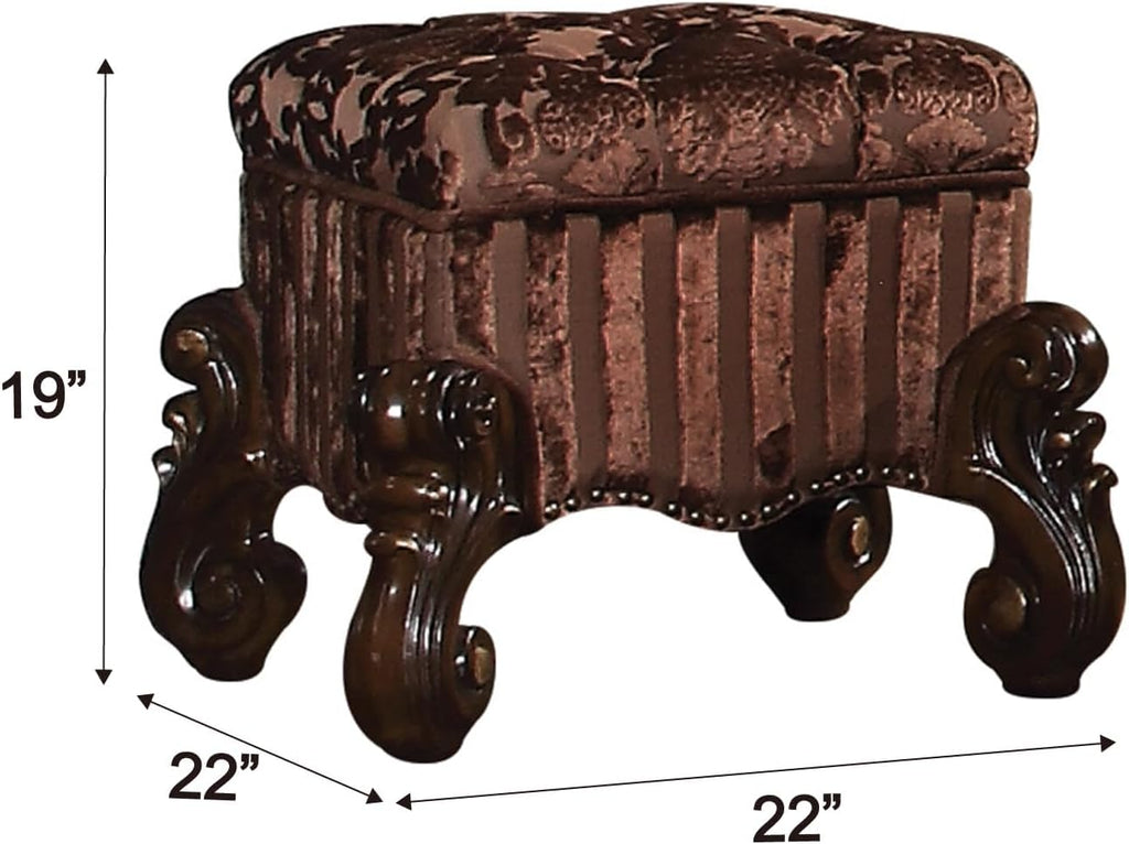 BOWERY HILL Vanity Stool, Cherry Oak Finish, Fabric Seat Cushion, Poplar Wood and Aspen Wood Frame, Button Tufted Padded Seat, Scrolled Apron with Nailhead Trim, Traditional Style for Bedroom or