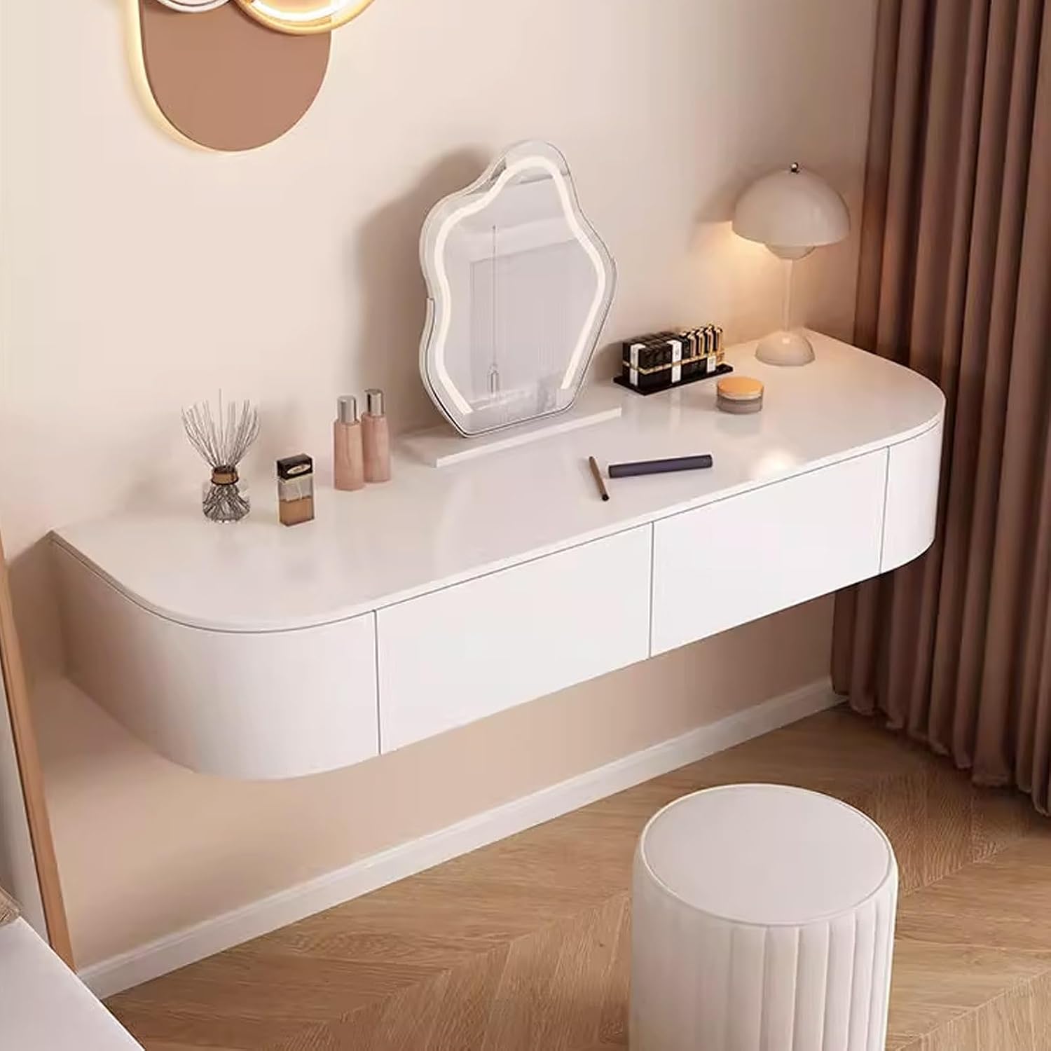 White Floating Vanity Makeup Table Wall Mounted Vanity Desk Wall-mounted Makeup Cabinet Dressing Floating Corner Desk Dresser Storage Set With Mirror And Lights Small Space Bedside Dressing Table(Free