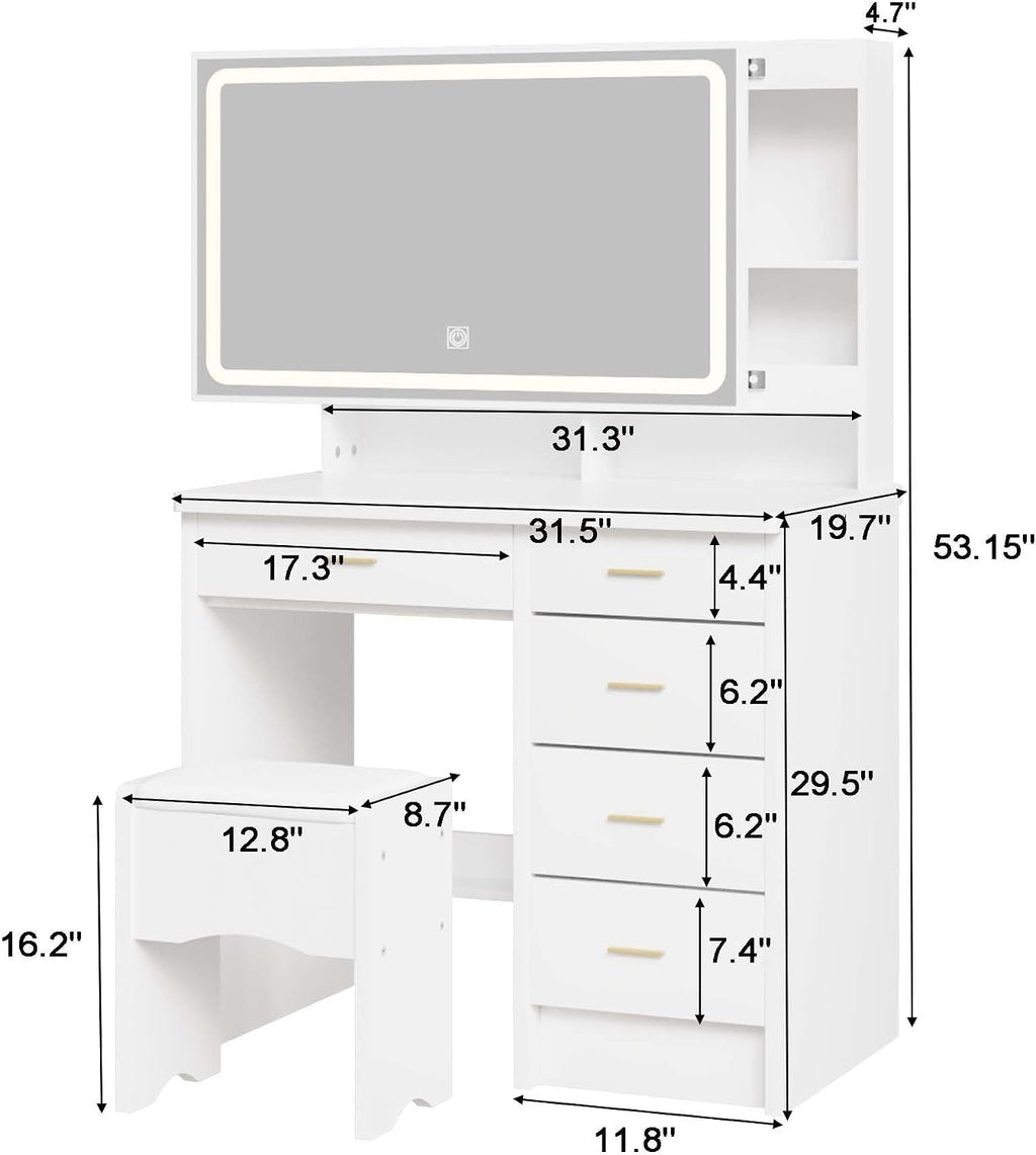 Vanity Desk with Mirror and Lights, 31.5' Makeup Vanity with Sliding Mirror and 3 Light Modes, Modern Vanity Table with 5 Drawers, Hidden and Open Storage Shelves, Makeup Desk for Bedroom, White