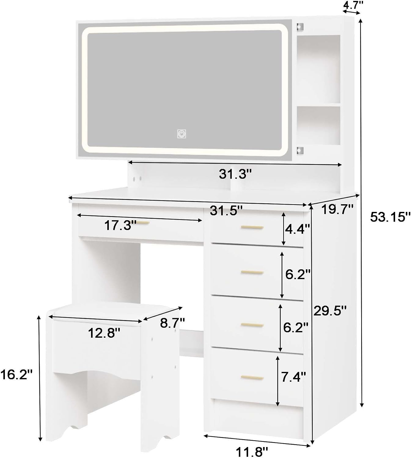 Vanity Desk with Mirror and Lights, 31.5' Makeup Vanity with Sliding Mirror and 3 Light Modes, Modern Vanity Table with 5 Drawers, Hidden and Open Storage Shelves, Makeup Desk for Bedroom, White