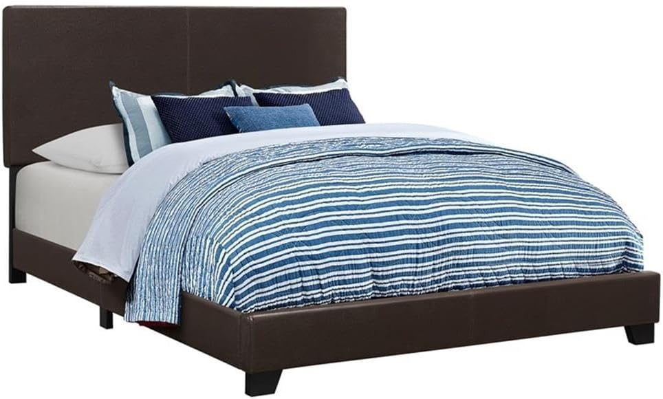 MAKLAINE 4-Piece California King Bedroom Set, Brown Faux Leather Bed with Black Rubberwood Legs, Includes Nightstand, Dresser, Mirror, Mid-Century Modern Style, Transitional Furniture for