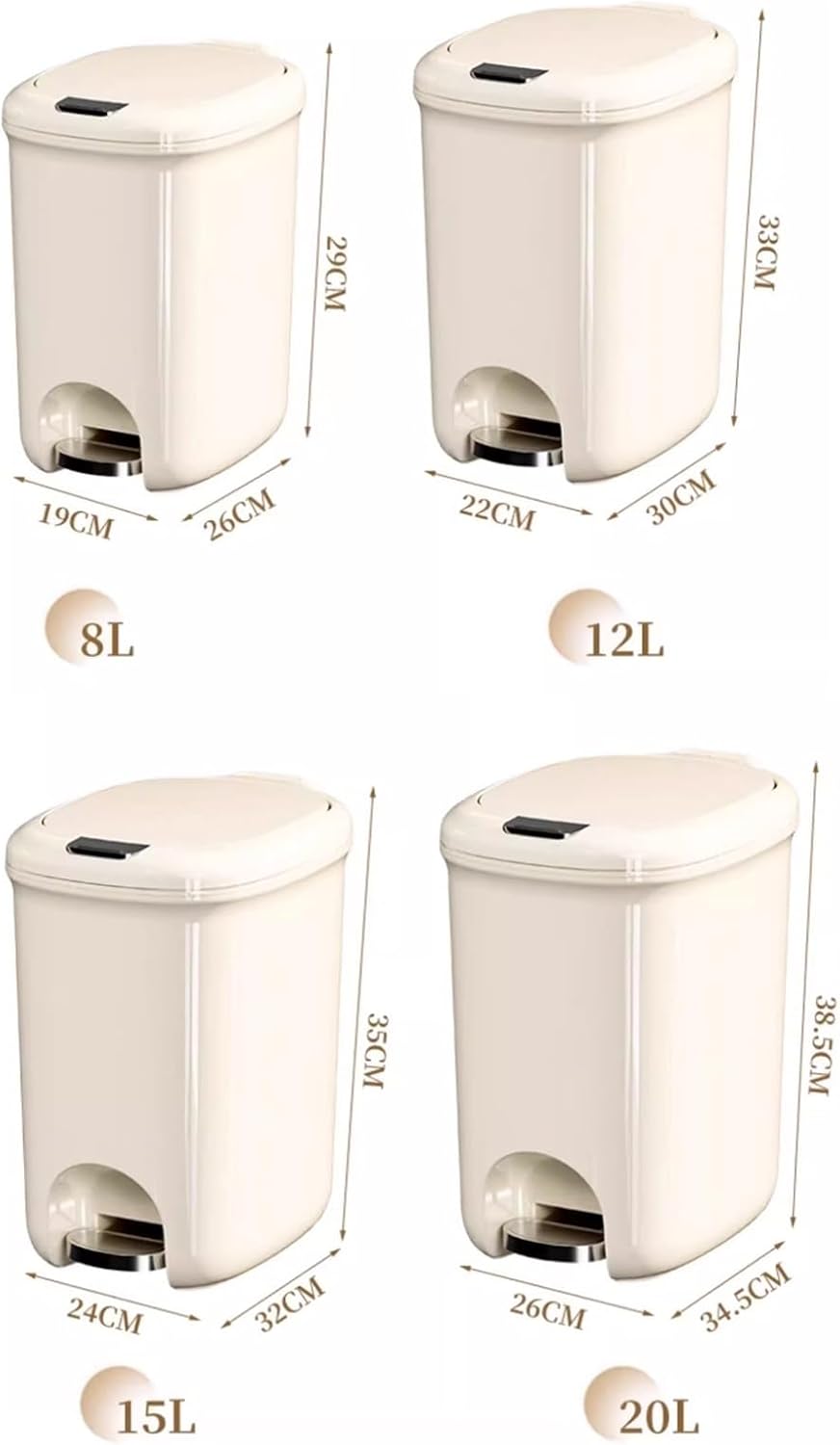 20L Slim Plastic Garbage Bin with Lid for Bathroom Office Bedroom Smart Step Pedal Trash Can Beige Color