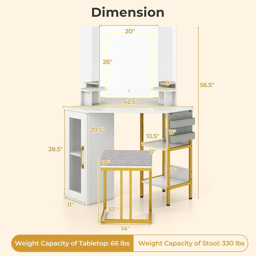 CHARMAID Corner Vanity Desk with Lighted Tri-Fold Mirror, Makeup Table with Charging Station, Fluted Door Cabinet, Storage Shelves, Space Saving Dressing Table with Stool for Bedroom, White & Gold