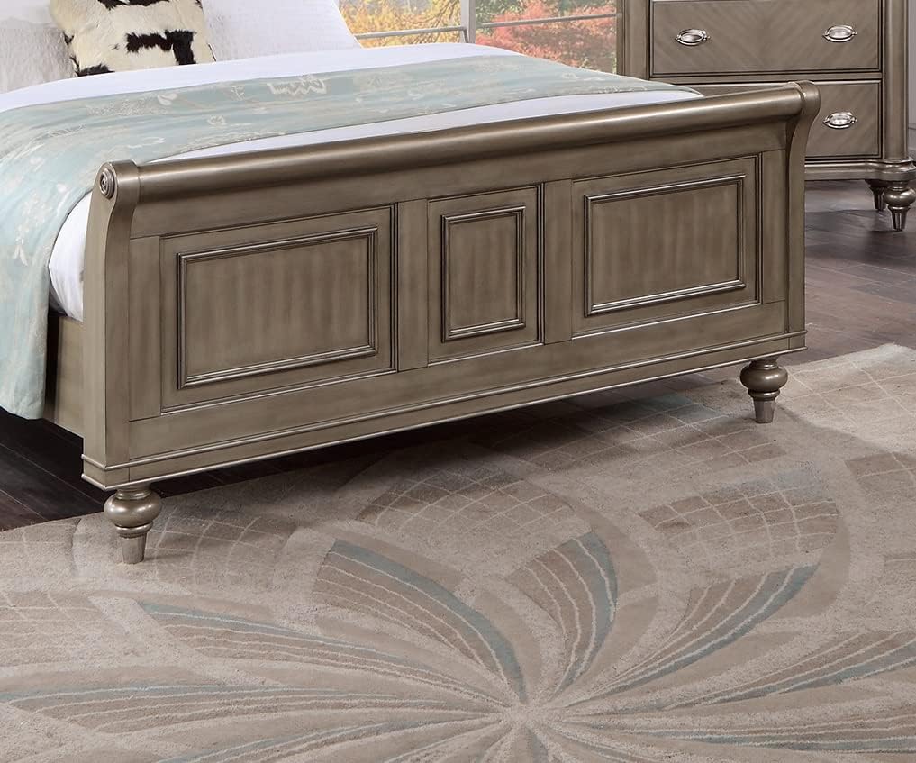 Luxury Majestic Grey Finish 3pc California King Size Bed Set 2X Nightstands Sleigh Bed Formal Styled Bedroom Furniture Upholstered Headboard Unique Footboard