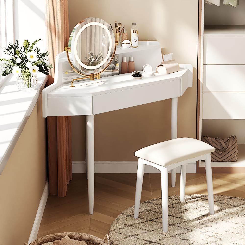 Corner Makeup Vanity Desk with Large Storage, LED Mirror Stool, Brightness Adjustable, Space Saving for Small Places, White