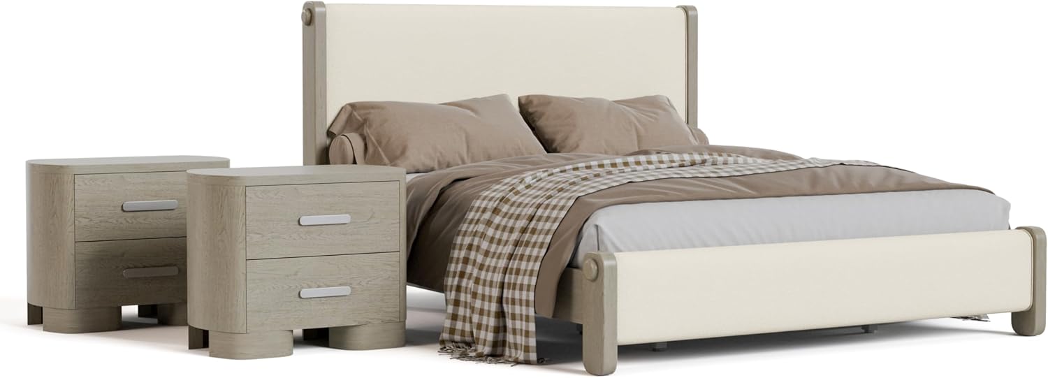 Furniture of America Nainsted Modern Wood 3-Piece Bedroom Set with Padded Headboard, USB Chargers on Nightstand, Metal Slide Glides, Rounded Edges, Box Spring Needed, King, White Oak