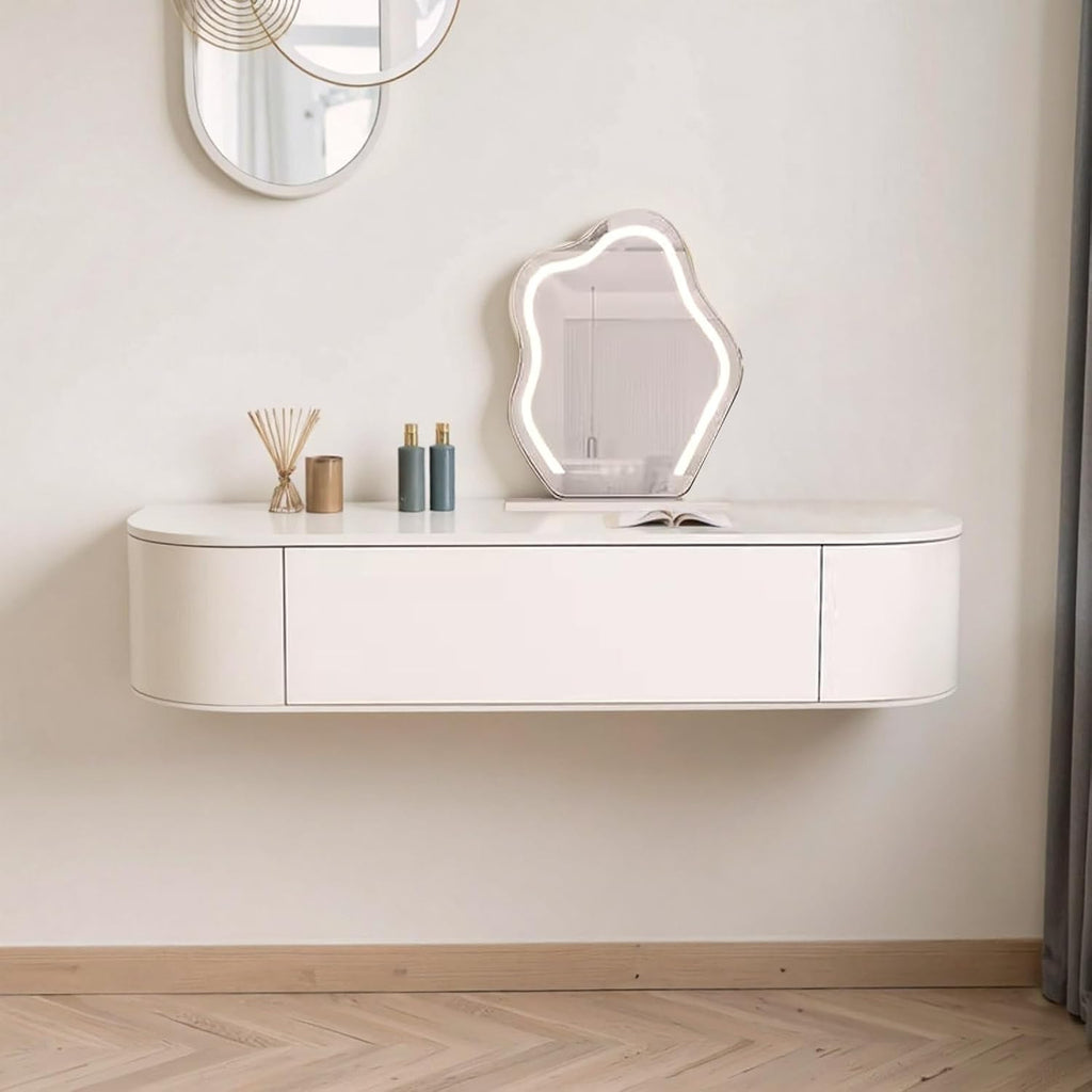 White Floating Vanity Makeup Table Wall Mounted Vanity Desk Wall-mounted Makeup Cabinet Dressing Floating Corner Desk Dresser Storage Set With Mirror And Lights Small Space Bedside Dressing Table(Free