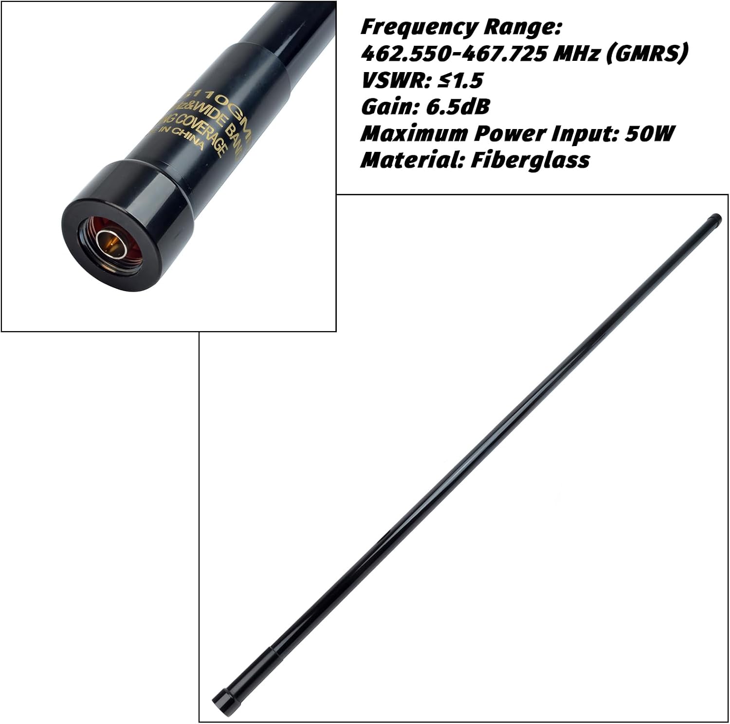 TWAYRDIO Heavy Duty GMRS Mobile Radio Antenna, 6.5dB High Gain Black Fiberglass GMRS Antenna with Mount Bracket, Spring Base, 16.4ft RG58 Coaxial Cable for Midland Retevis GMRS Transceiver