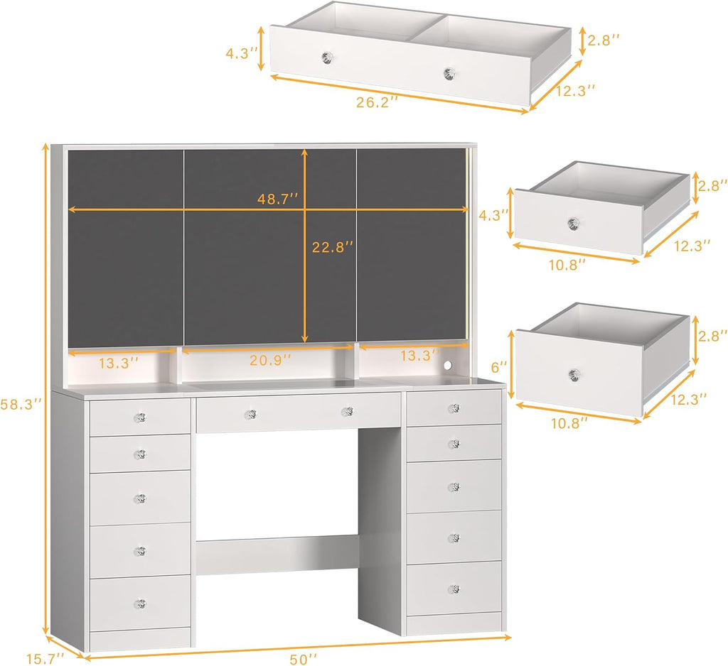 HUAHUU Vanity Desk with Mirror and Lights, 50' Makeup Vanity with Glass Top & Power Outlet, White Vanity with 11 Drawers & 8 Hidden Storage Shelves, 3 LED Lighting Modes Adjustable for Bedroom