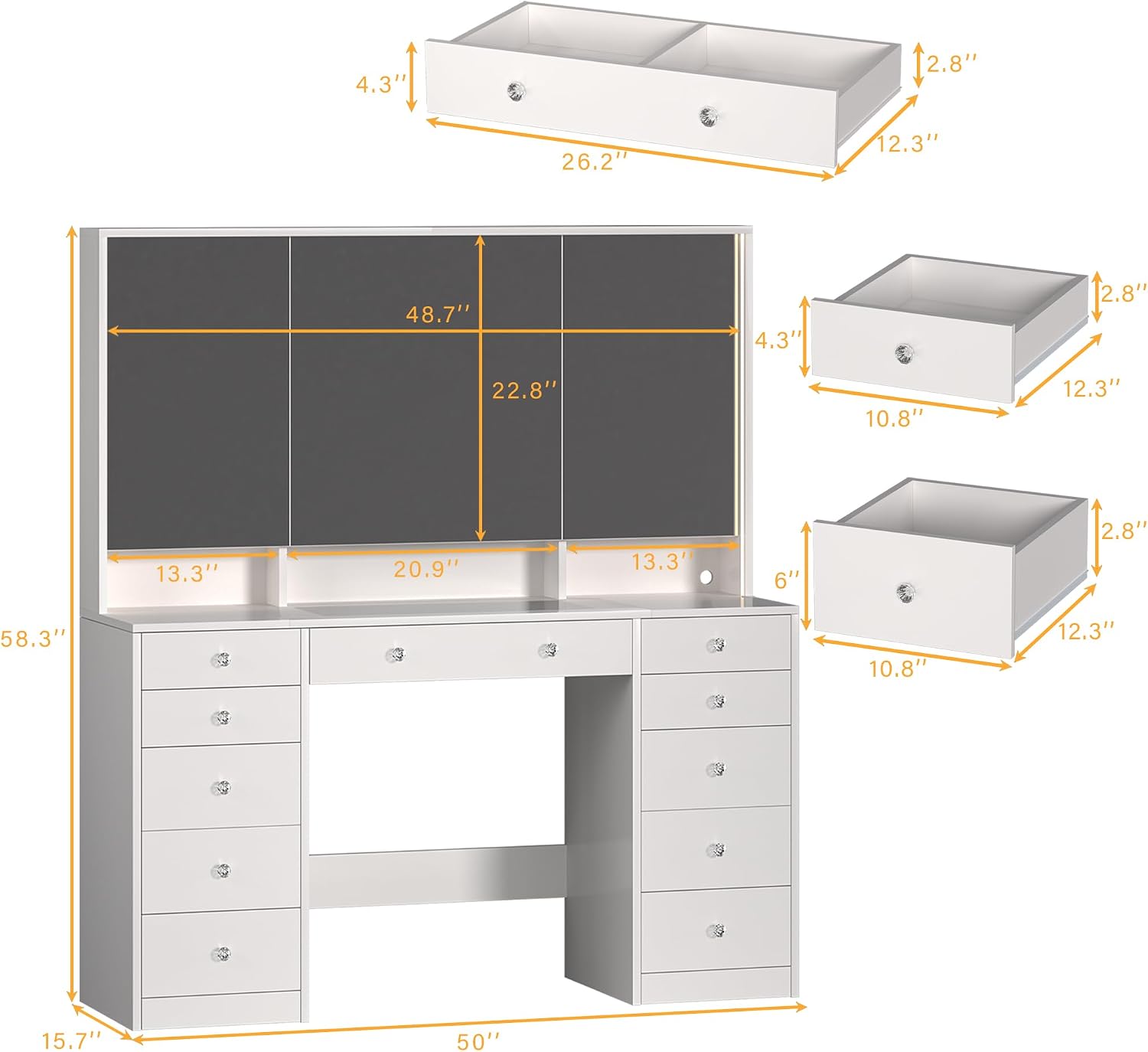 HUAHUU Vanity Desk with Mirror and Lights, 50' Makeup Vanity with Glass Top & Power Outlet, White Vanity with 11 Drawers & 8 Hidden Storage Shelves, 3 LED Lighting Modes Adjustable for Bedroom